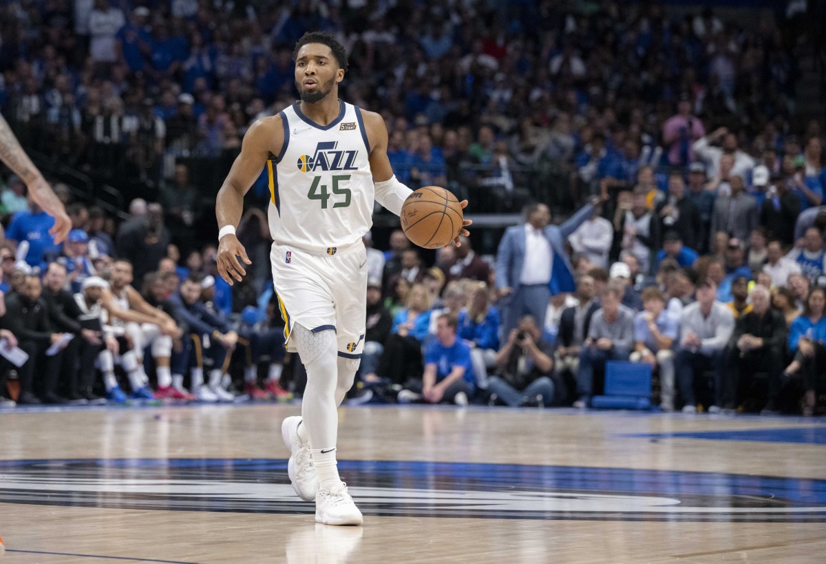 Utah Jazz guard Donovan Mitchell (45) in action during the game between the Dallas Mavericks and the Utah Jazz in game five of the first round for the 2022 NBA playoffs at American Airlines Center.